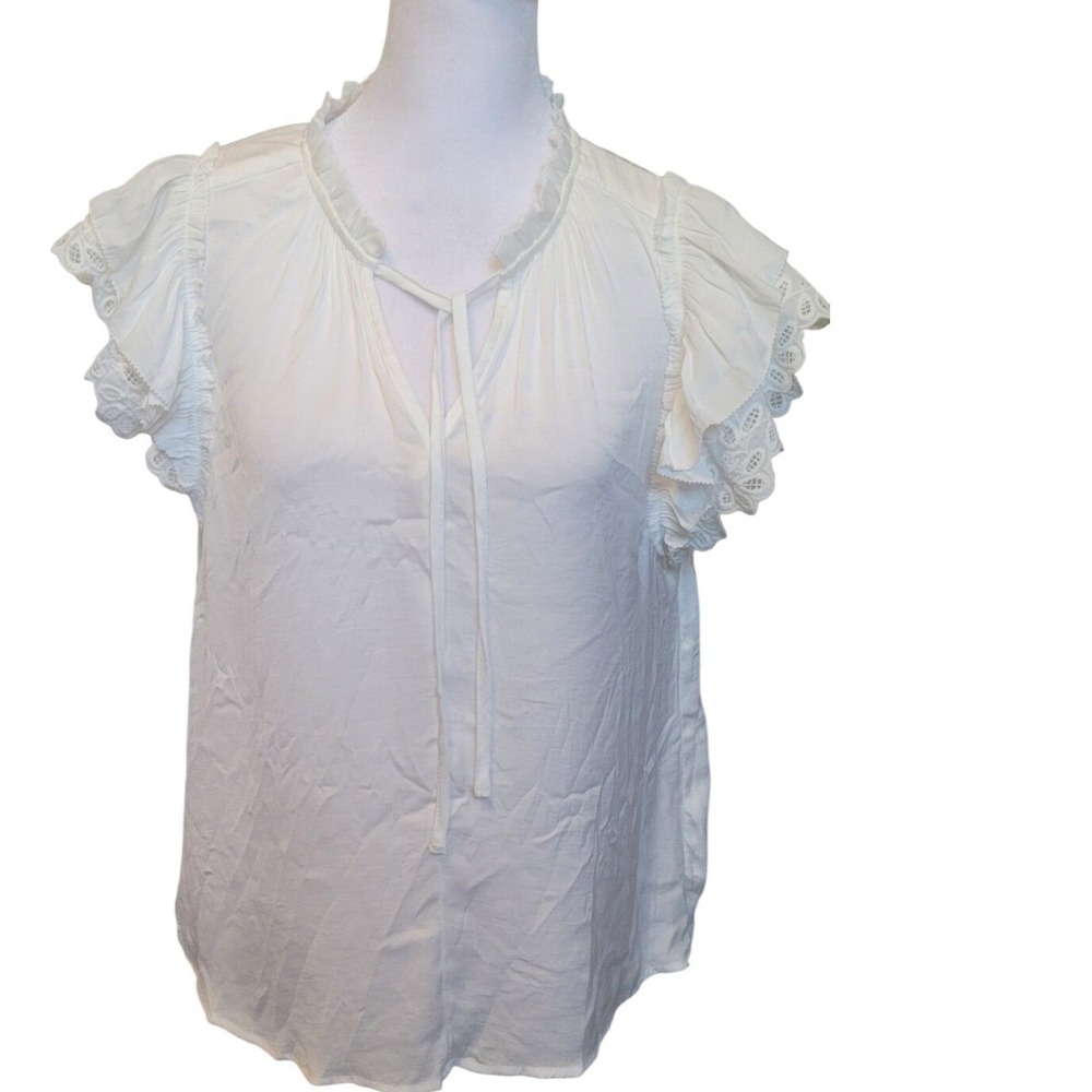 Catherine Catherine Malandrino White Eyelet Flutter Sleeve Tie Neck‎ Blouse M